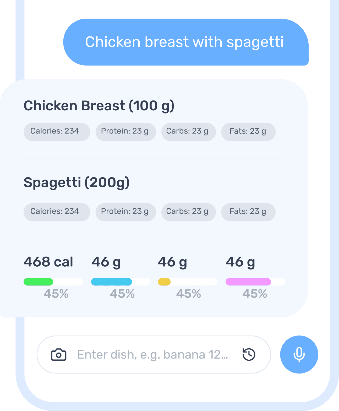 Eati AI calorie tracker: chat-style meal log showing high-protein food and macro totals