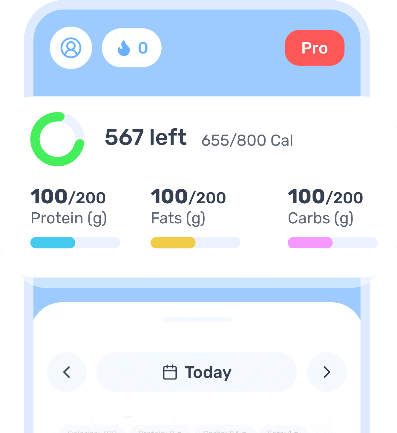 Daily nutrition summary in Eati: calories and macros for weight loss tracking
