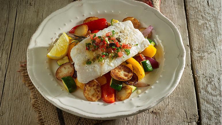 Baked Cod with Roasted Vegetables Recipe (310 Cal, 36g Protein) | Eati — featured image for this nutrition and weight loss article on Eati